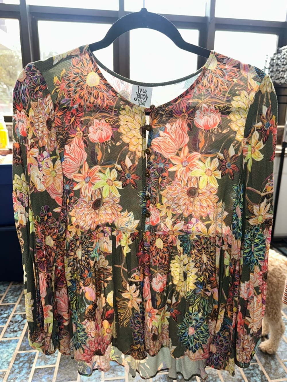 Ivy Jane Olive Floral Peasant Top